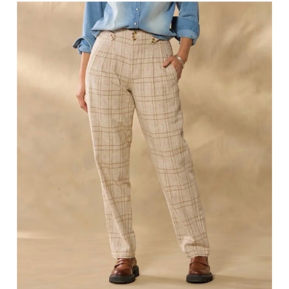 Sundance Vivienne Plaid Pants Womens 10 Cotton Linen Straight Leg Trousers Tan